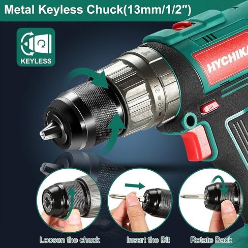 Cordless Hammer Drill Driver 18V, HYCHIKA 400 In-lbs Torque Power Drill with Auxiliary Handle, 1/2" Metal Chuck, 2.0Ah Battery, 1H Fast Charger, 21+3 Clutch, LED Light for Drilling Wood Metal Wall in Kuwait