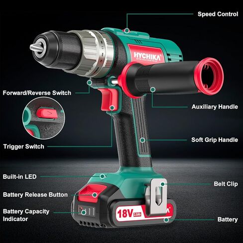 Cordless Hammer Drill Driver 18V, HYCHIKA 400 In-lbs Torque Power Drill with Auxiliary Handle, 1/2" Metal Chuck, 2.0Ah Battery, 1H Fast Charger, 21+3 Clutch, LED Light for Drilling Wood Metal Wall in Kuwait