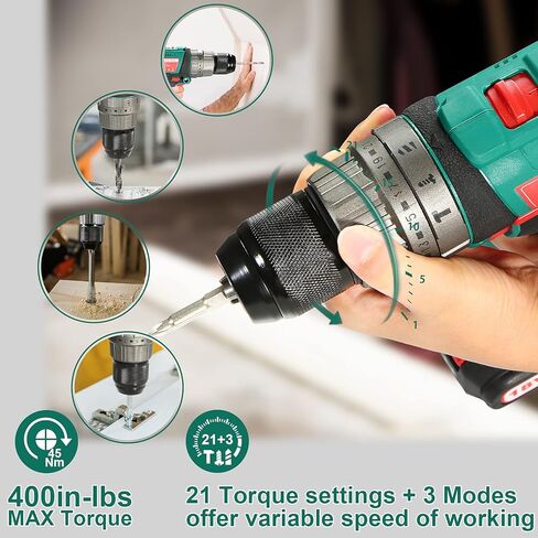 Cordless Hammer Drill Driver 18V, HYCHIKA 400 In-lbs Torque Power Drill with Auxiliary Handle, 1/2" Metal Chuck, 2.0Ah Battery, 1H Fast Charger, 21+3 Clutch, LED Light for Drilling Wood Metal Wall in Kuwait