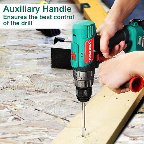 Cordless Hammer Drill Driver 18V, HYCHIKA 400 In-lbs Torque Power Drill with Auxiliary Handle, 1/2" Metal Chuck, 2.0Ah Battery, 1H Fast Charger, 21+3 Clutch, LED Light for Drilling Wood Metal Wall in Kuwait