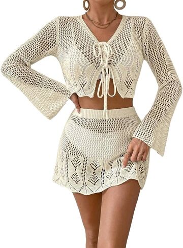 swimsuit coverup for women Front Tie Long Sleeve Top & Skirt Cover-Up Set in Saudi Arabia