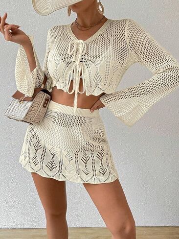 swimsuit coverup for women Front Tie Long Sleeve Top & Skirt Cover-Up Set in Saudi Arabia