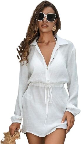 swimsuit coverup for women Button Tie Lantern Sleeve Cover Up, Lightweight Short Beach Dress in Saudi Arabia