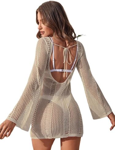 Women Swimsuit Cover Up Summer Beach Tie Backless Open Knit Cover Up Dress in Saudi Arabia