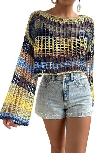 Women Swimsuit Cover Up Colorblock Hollow Out Drop Shoulder Open Knit Cover Up in Saudi Arabia