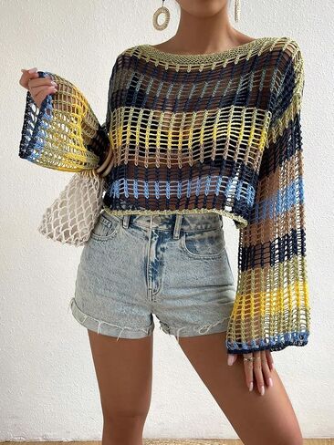 Women Swimsuit Cover Up Colorblock Hollow Out Drop Shoulder Open Knit Cover Up in Saudi Arabia