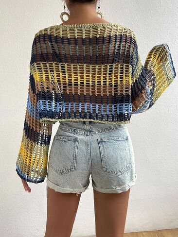 Women Swimsuit Cover Up Colorblock Hollow Out Drop Shoulder Open Knit Cover Up in Saudi Arabia