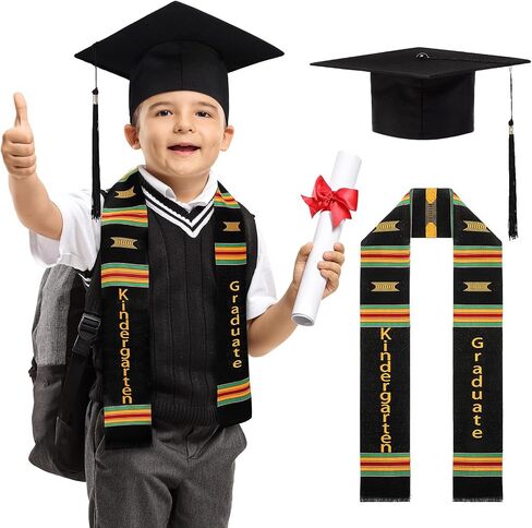 Jiuguva 2 Pcs Kindergarten Preschool Graduation Stole and Caps Set Child Size Kente Style Graduation Sash Hat with Tassel in Saudi Arabia
