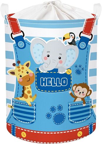 Striped Pocket Animals Baby Laundry Hamper Collapsible Clothes Kids Storage Basket Elephant Monkey Large Boys Girls Gift Toy Box Bin for Nursery, Blue, 36L in Saudi Arabia