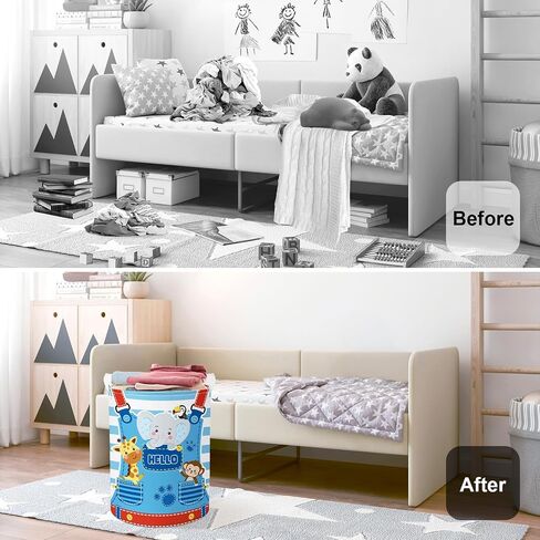 Striped Pocket Animals Baby Laundry Hamper Collapsible Clothes Kids Storage Basket Elephant Monkey Large Boys Girls Gift Toy Box Bin for Nursery, Blue, 36L in Saudi Arabia