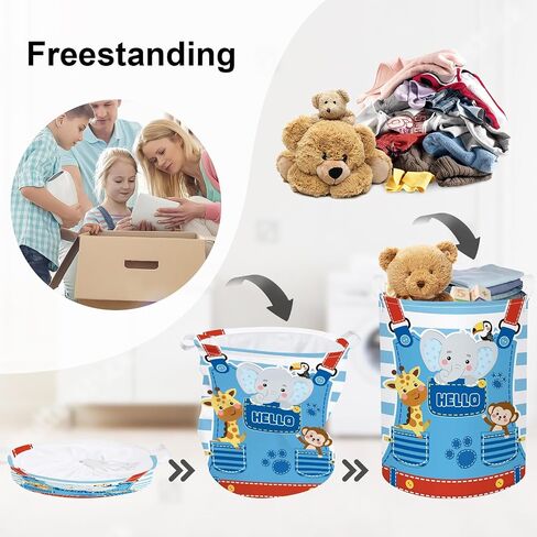 Striped Pocket Animals Baby Laundry Hamper Collapsible Clothes Kids Storage Basket Elephant Monkey Large Boys Girls Gift Toy Box Bin for Nursery, Blue, 36L in Saudi Arabia