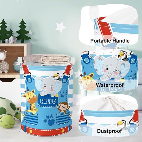 Striped Pocket Animals Baby Laundry Hamper Collapsible Clothes Kids Storage Basket Elephant Monkey Large Boys Girls Gift Toy Box Bin for Nursery, Blue, 36L in Saudi Arabia