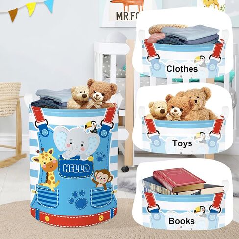 Striped Pocket Animals Baby Laundry Hamper Collapsible Clothes Kids Storage Basket Elephant Monkey Large Boys Girls Gift Toy Box Bin for Nursery, Blue, 36L in Saudi Arabia