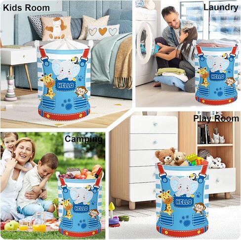 Striped Pocket Animals Baby Laundry Hamper Collapsible Clothes Kids Storage Basket Elephant Monkey Large Boys Girls Gift Toy Box Bin for Nursery, Blue, 36L in Saudi Arabia