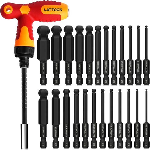Ball End Hex Head Allen Wrench Drill Bit Set with T Handle Ratchet Driver, LATTOOK Ball End Hex Bit Set Allen Key Bit Set with T Handle, Magnetic S2 Steel, 24PCS Metric & SAE in Kuwait
