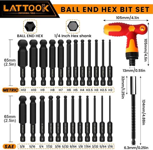 Ball End Hex Head Allen Wrench Drill Bit Set with T Handle Ratchet Driver, LATTOOK Ball End Hex Bit Set Allen Key Bit Set with T Handle, Magnetic S2 Steel, 24PCS Metric & SAE in Kuwait