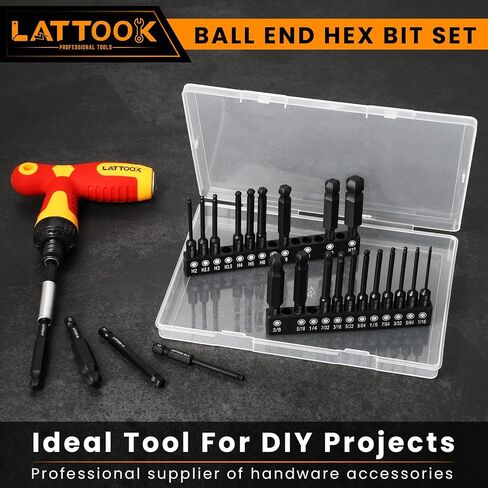 Ball End Hex Head Allen Wrench Drill Bit Set with T Handle Ratchet Driver, LATTOOK Ball End Hex Bit Set Allen Key Bit Set with T Handle, Magnetic S2 Steel, 24PCS Metric & SAE in Kuwait