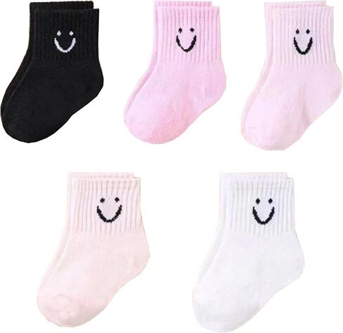 Toddler Boys Girls Crew Socks, Happy Face Unisex Kids Soft Cotton Solid Color Dress Ankle Socks, Pack of 5 in Saudi Arabia