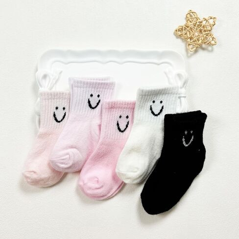 Toddler Boys Girls Crew Socks, Happy Face Unisex Kids Soft Cotton Solid Color Dress Ankle Socks, Pack of 5 in Saudi Arabia