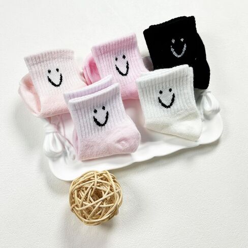 Toddler Boys Girls Crew Socks, Happy Face Unisex Kids Soft Cotton Solid Color Dress Ankle Socks, Pack of 5 in Saudi Arabia