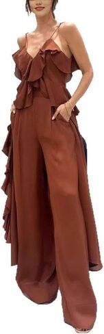 Women's Summer 2 Piece Outfits 2025 Ruffled Strapless Sleeve V Neck Chiffon Wide Leg Pant Sets Casual Tracksuit in Saudi Arabia