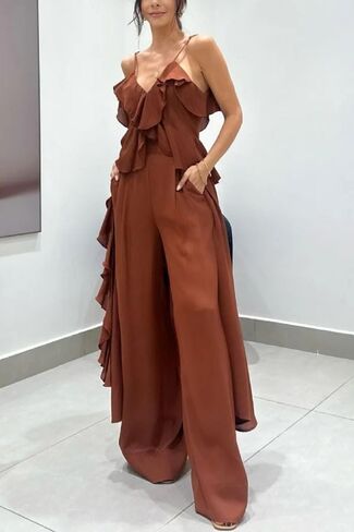 Women's Summer 2 Piece Outfits 2025 Ruffled Strapless Sleeve V Neck Chiffon Wide Leg Pant Sets Casual Tracksuit in Saudi Arabia