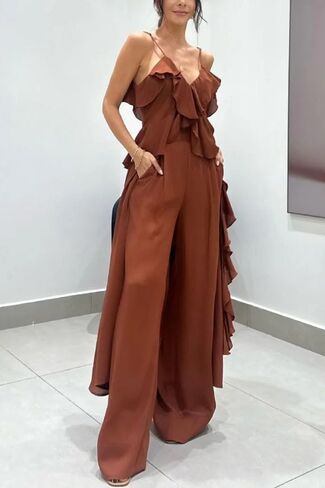 Women's Summer 2 Piece Outfits 2025 Ruffled Strapless Sleeve V Neck Chiffon Wide Leg Pant Sets Casual Tracksuit in Saudi Arabia
