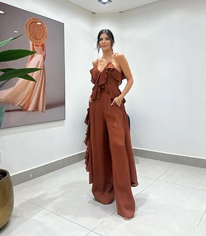 Women's Summer 2 Piece Outfits 2025 Ruffled Strapless Sleeve V Neck Chiffon Wide Leg Pant Sets Casual Tracksuit in Saudi Arabia