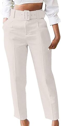 Women's Straight Belted High-Waisted Trousers Casual Stretch Slim Fit Suit Pants Business Work Office Long Pant in Kuwait