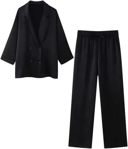 Women's Lapel Single-Breasted Satin Short-Sleeved Shirt Wide-Leg Pants Home Two-Piece Suit in Saudi Arabia