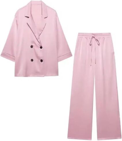 Women's Lapel Single-Breasted Satin Short-Sleeved Shirt Wide-Leg Pants Home Two-Piece Suit in Saudi Arabia