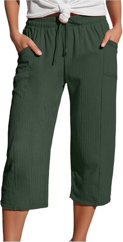 Women's Open Bottom Cotton Linen Capri Pants Wide Leg Casual Knee Palazzo Pant Loose Fit Drawstring Sweatpants in Saudi Arabia
