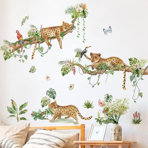 Large Cheetah Leopard Wall Stickers Safari Animals Wall Decals Tree Branch Jungle Animals Walls Murals Decor Peel and Stick Wall Decal Baby Nursery Kids Bedroom Playroom in Kuwait