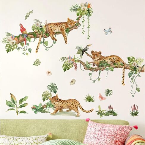 Large Cheetah Leopard Wall Stickers Safari Animals Wall Decals Tree Branch Jungle Animals Walls Murals Decor Peel and Stick Wall Decal Baby Nursery Kids Bedroom Playroom in Kuwait