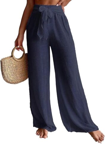 Women Swimsuit Cover Up Summer Beach Solid Belted Wide Leg Pants in Saudi Arabia