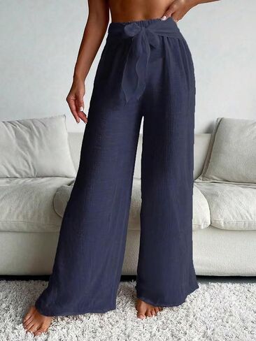 Women Swimsuit Cover Up Summer Beach Solid Belted Wide Leg Pants in Saudi Arabia
