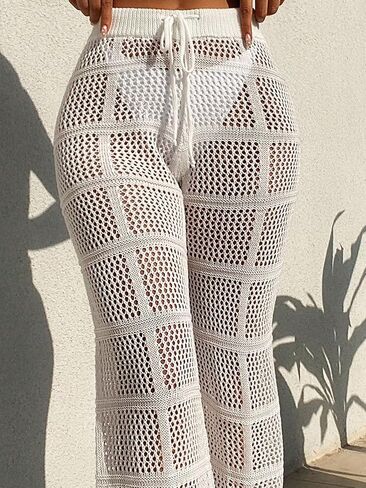 Women Swimsuit Cover Up Summer Beach Hollow Out Drawstring Waist Cover Up Pants in Saudi Arabia
