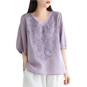 Floral Embroidery Shirts for Women Casual 3/4 Sleeve V Neck Tshirts Loose Fit Vintage Boho Peasant Tops Summer Tees