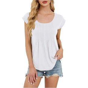 Womens Cotton Tops Pleated Scoop Neck Short Cap Sleeve Dreesy Casual T-Shirts Summer Fashion Blouses Solid Color Tee
