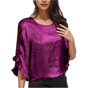 Women's Metallic Blouses Dressy Elegant 3/4 Sleeve Ruffle Crew Neck Evening Party Tops Club Cocktail Summer Shirts