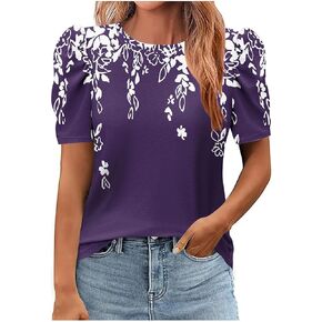 Women's Casual Shirts Puff Short Sleeve Blouses Summer Dressy Tops Round Neck Pullover Tees Loose Shirt Vintage Tees