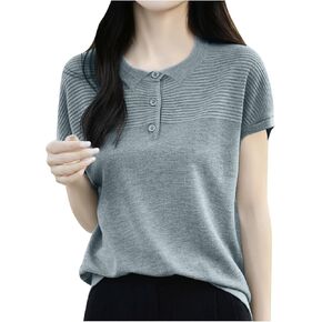 Summer Short Sleeve Sweater Women Button Collar Dressy Blouses Lightweight Rib Shirts Casual Knitting Pullover Tees