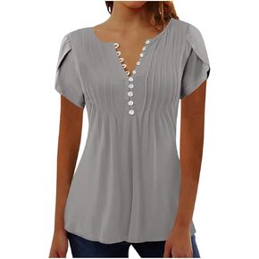 Shirts for Women Workout Tunic Top Short Petal Sleeve Button V Neck Solid Color Casual Blouse Summer Outfits Clothes