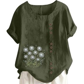 Dandelion Graphic Floral T-Shirt for Women Casual Summer Boho Tops Holiday Wildflowers Tee Button Down Shirts Blouse