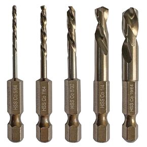 Nordwolf 5-PITE M35 COBALT SUBBY LEFT HAND DRILL SET ، تطور عكسي مع 1/4 "سد hex لمستخلصات المسمار ، أحجام SAE 5/64" -7/64 "-5/32" -1/4 "-19/64" في حالة التخزين