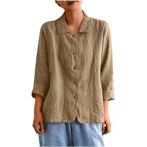 Cotton Linen Shirts for Women Button V Neck 3/4 Sleeve Tops Summer Trendy Blouses Casual Loose Fit Tunic Clothes