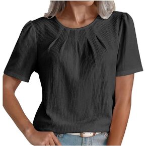 Summer Tops for Women Pleated Round Neck Work Blouse Casual T Shirts Loose Fit Pullover Tees Short Sleeve Dressy Shirt