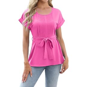 Summer Peplum Tops Roll-Up Short Sleeve Shirts Crewneck Tees Belted Waist Dressy Blouses Elegant Pleated Tunic Shirt