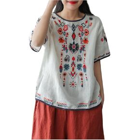 Womens Summer Peasant Tops Trendy Mexican Boho Embroidery Short Sleeve Tshirts Cute Shirts Casual Round Neck Blouses