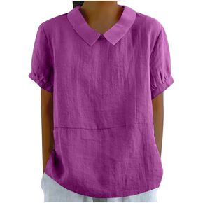 Womens Summer Tops Cotton Linen T-Shirts Casual Loose Fit Lapel Collar Tops Short Sleeve Blouse Holiday Cmofy Shirts